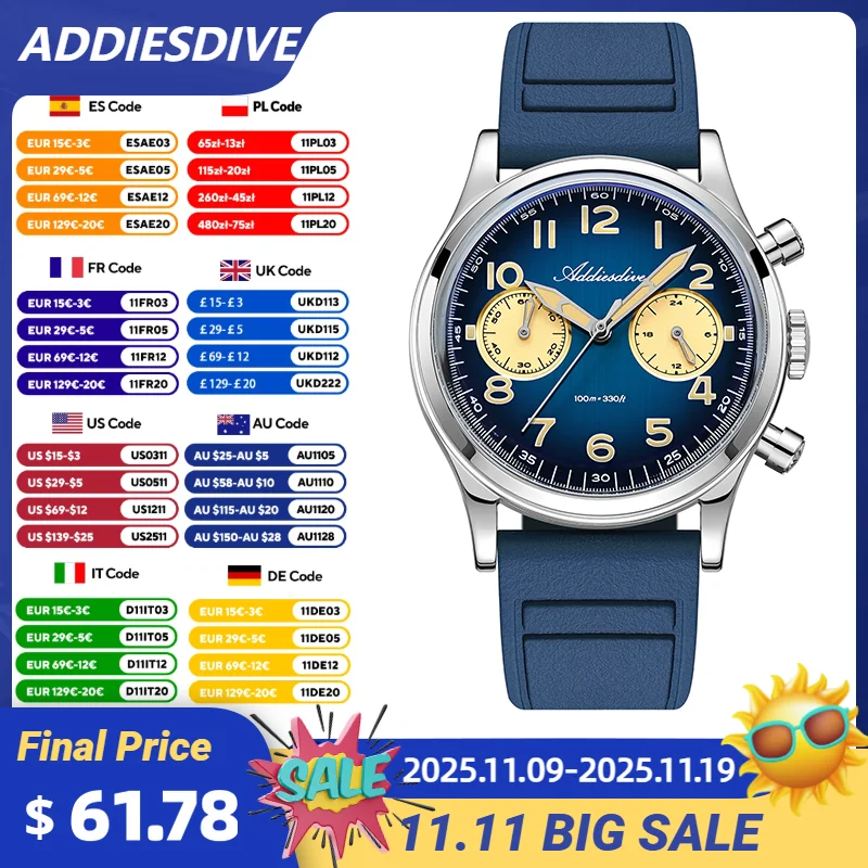 

ADDIESDIVE New Men's Watches VK64 Luxury Quartz Wrist Watch 38mm Retro Chronograph Luminous Waterproof AD2516 Relogio Masculino