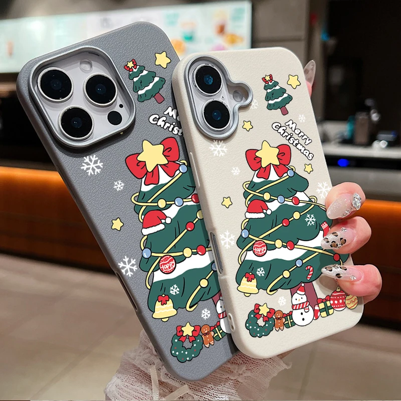 Ano novo árvore de natal caso de couro luxo para iphone 16 15 14 pro max 16 plus 11 13 12 pro macio tpu à prova de choque capa do telefone