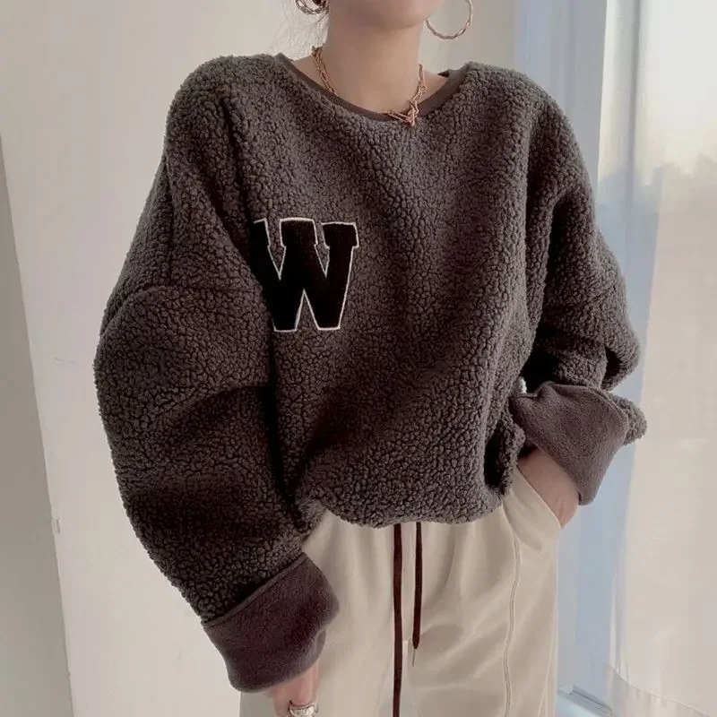 Chic Plush Thicken Pullovers Women Embroidery Letter Pullover Tops Autumn Winter Trend Loose Lamb Wool Warm Sweater Y2k Clothes