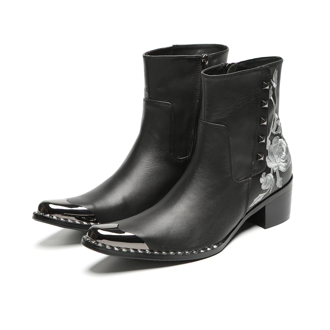 Herbst-Winter-Neue rote bestickte Stiefeletten für Herren, coole Metallkappe mit Nieten, Retro-Muster, seitlicher Reißverschluss, klobiger Absatz, modisch – Detail 20