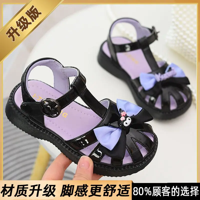 2024 Girls Kuromi Sandals Sanrio Kawaii Anime Leather Baotou Summer Soft Bottom Sandal Cartoon Cute Princess Shoes Gift for Kids