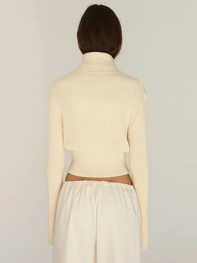 Chaxiaoa Long Sleeve Knit Sweater Cardigan Women Pullovers Elegant Fashion Zipper Turtleneck Warm Knitted Sweater Knitwear