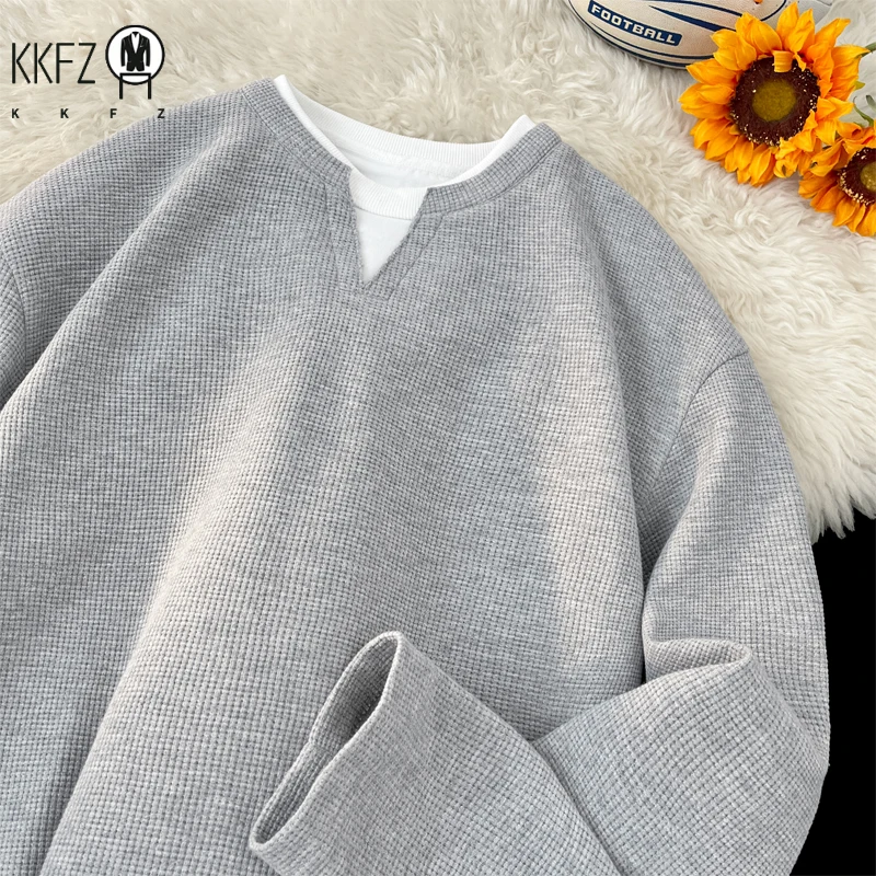 Mens Relaxed Fit Waffle Knit Shirt Long Sleeve Notch Neck Fake Layer Hem Trendy Urban Daily Fashion Outer Top