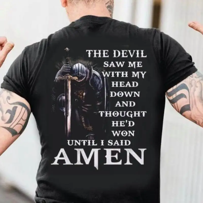 رأى الشيطان مع رأسي أسفل وفكر لقد فوزت على تي شيرت الإيمان