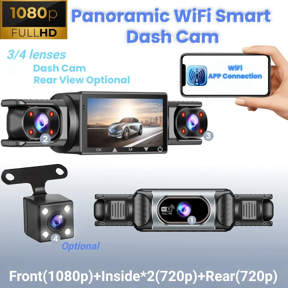 360° Panoramic Dash Cam |  WiFi Phone Connection, G-Sensor, Motion Detection, 24H Parking Monitoring & Loop Recording