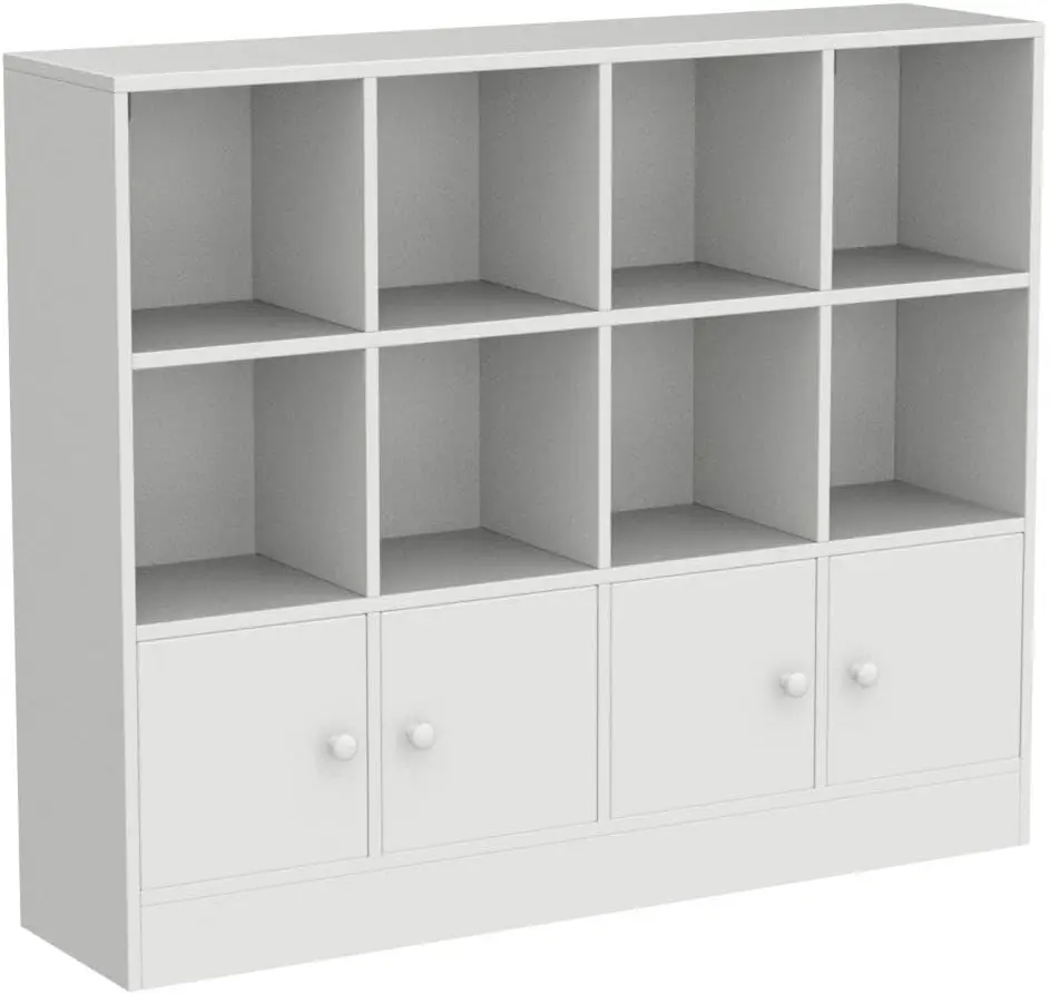 White Wood Bookcase, 12-Cube Storage Shelf with 4 Doors, 3-Tier Adjustable Shelves