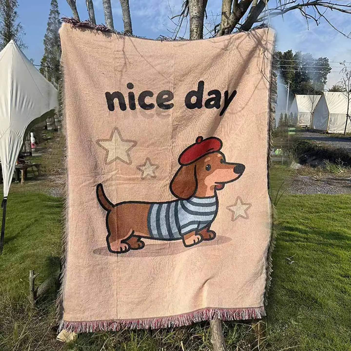 

Vintage Cute Dachshund Soft Cozy Sofa Blanket Outdoor Camping Picnic Tassel Blanket Wall Tapestry for Home Decor 130x180cm Size