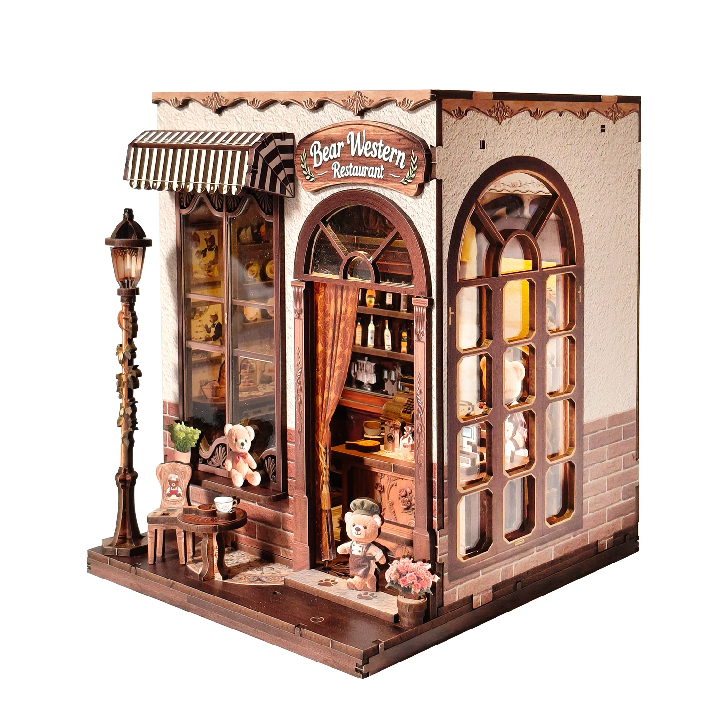 DIY Wooden Miniature Model Kit Bear Western Restaurant Casa 3D Puzzle Doll Houses With Furniture for Friends Birthday Gifts