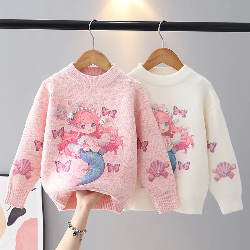 

Cartoon Mermaid Princess Soft Skin-Friendly Girls Sweaters Chic Looks Versatile Fall Winter Kni Pullover for Little Girl IY11201
