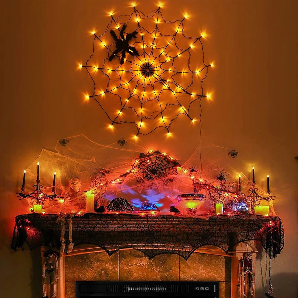 Dia 1M 60/70LEDs Halloween Spider Web Light String DIY Spider Web Wall Light for Christmas New Year Home Party House Patio Decor