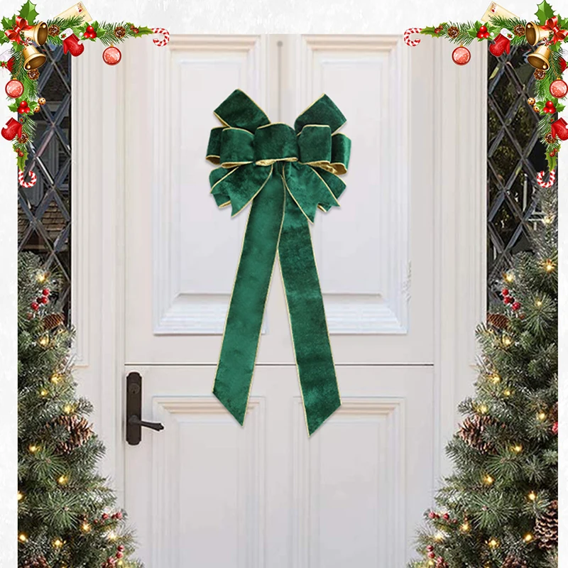 Red Christmas Bows Ribbon Outdoor Front Door Home Decorations Large Christmas Tree Top Bow Velvet Wreath with Glitter Gold Edge