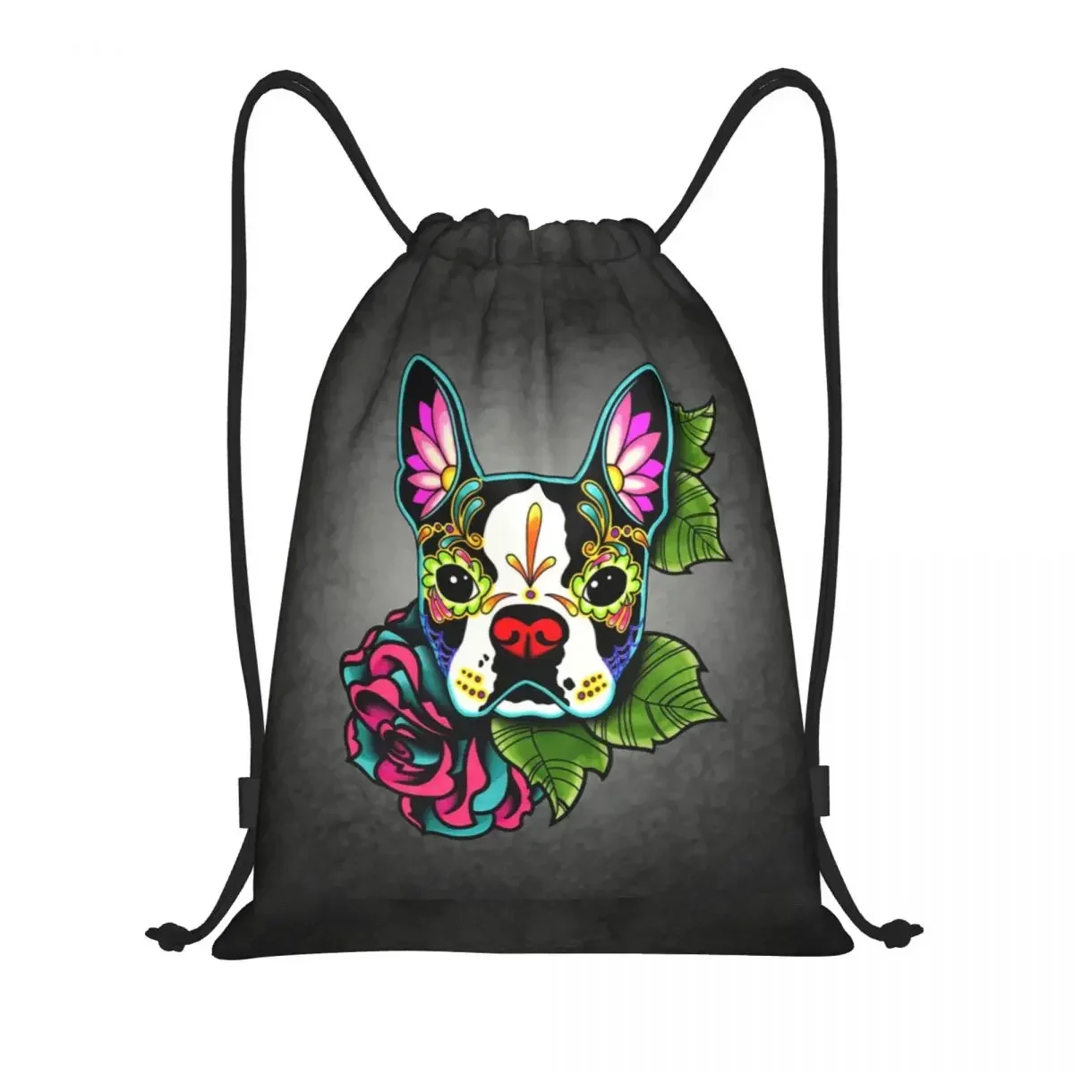 Mochila con cordón para hombre, bolsa ligera con diseño de calavera de azúcar, perro, gimnasio, deportes, viaje, Día de los muertos, Boston Terrier