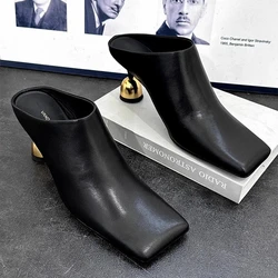 White Sheepskin Square Toe Womens Slippers Luxury Brand Casual Mule Women's Sandals Elegant Trend 2025 New Wine Glass High Heels