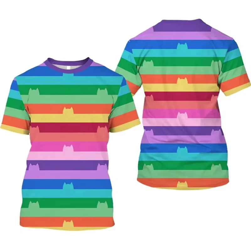 2026 Striped Rainbow Cat 3D Printed T-Shirt - 2026 Summer New Design, Children's Birthday Gift, Fashion and Fun Style