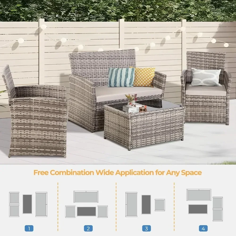 Wicker Sectional Conversation Sofa Set, Rattan Table and Chairs and Loveseat with Cushions for Outside Balcony Porch Backyard