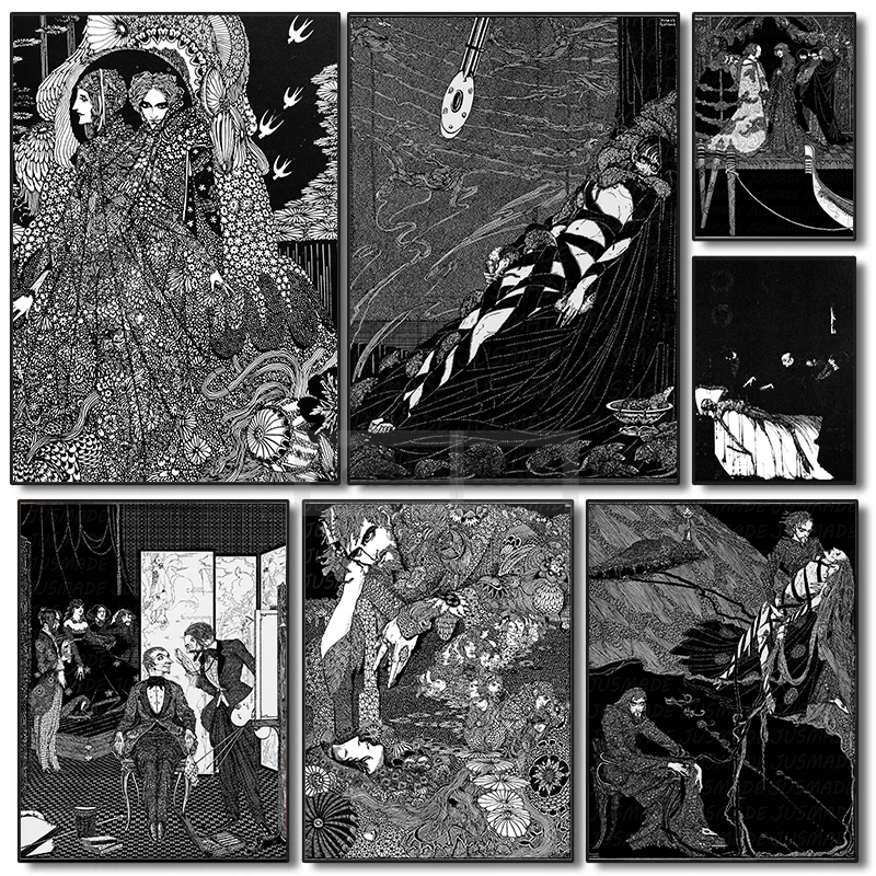 Edgar Allan Poe Novel Illustration Black and White Harry Clarke Poster Prints Canvas Painting Wall Art Pictures Home Room Decor