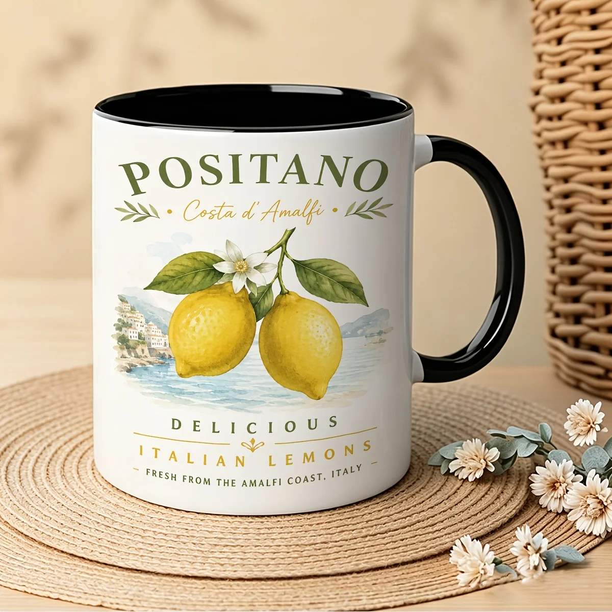 Italian Themed Ceramic Mug with Positano Amalfi Coast Lemons Watercolor Design Suitable for Coffee Tea Cocoa Juice Travel Gift