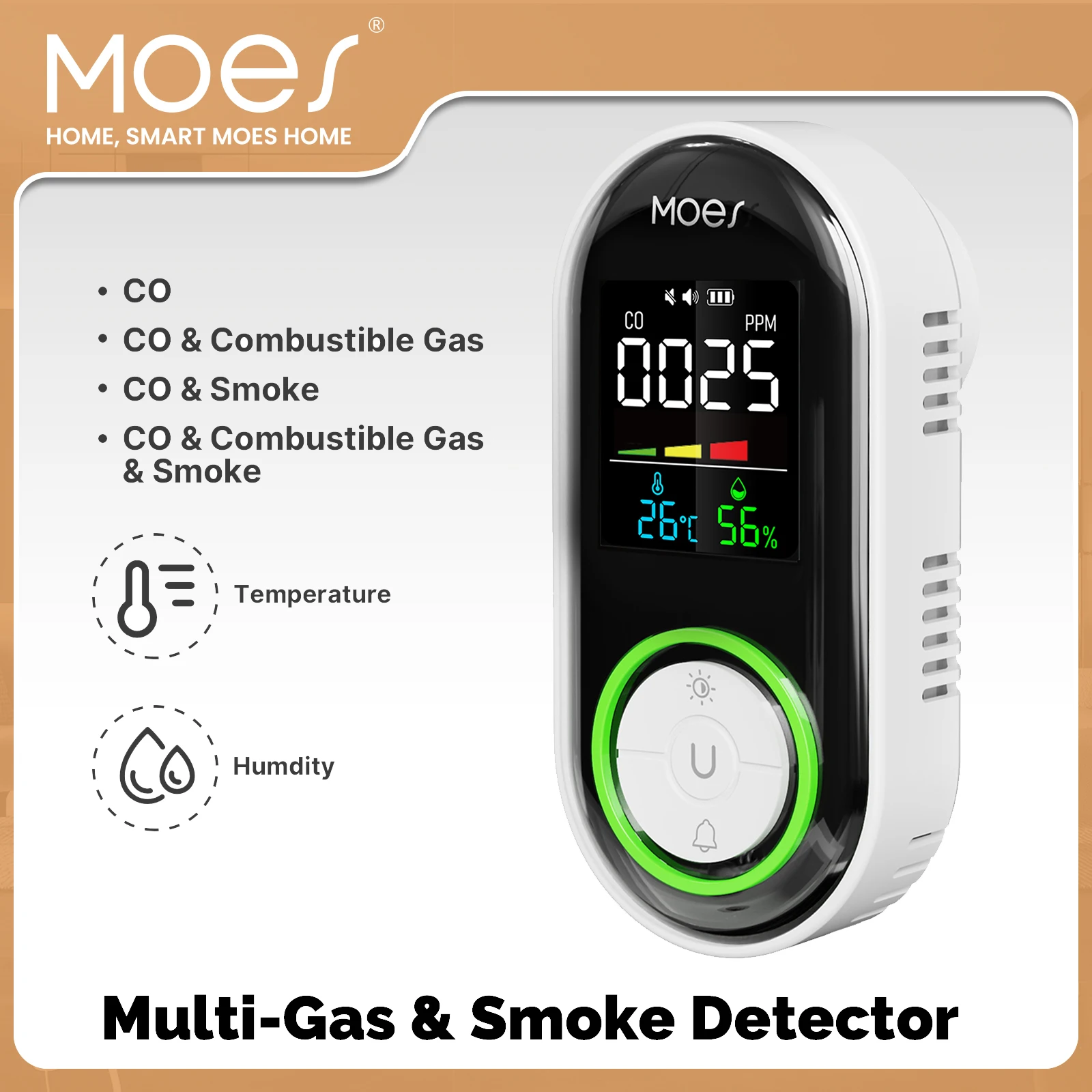 MOES CO Smoke Gas Detector Alarm Plug-in Carbon Monoxide Sensor Warning LED Display Temperature Humidity Kitchen Garage Boiler