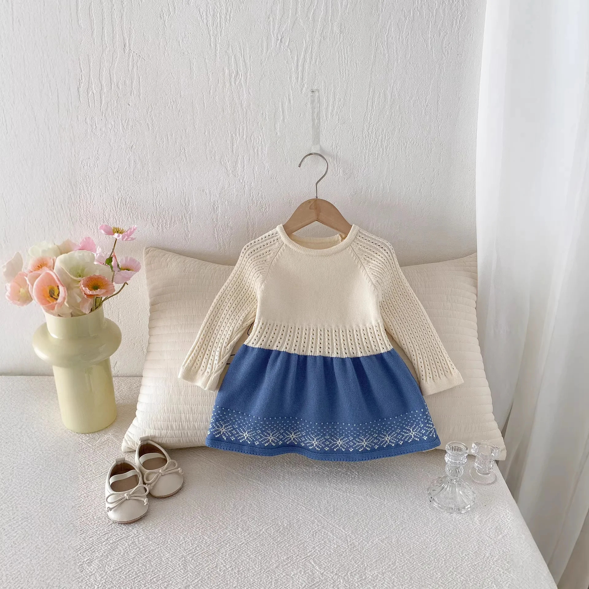 2026 Spring New Baby Long Sleeve Knitted Dress Cotton Girls Patchwork Sweater Dress Infant Princess Dress Toddler Clothes