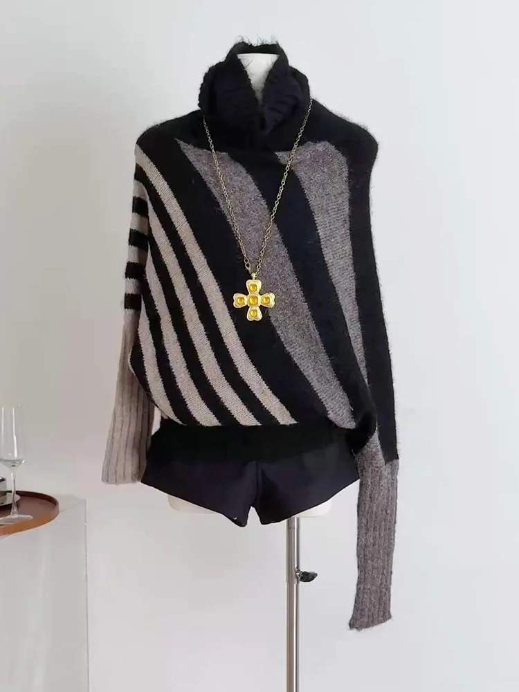 

Женский свитер «летучая мышь», вязаный двусторонний универсальный серый диагональный полосатый шерстяной пуловер с высоким воротником, женский топ SW024