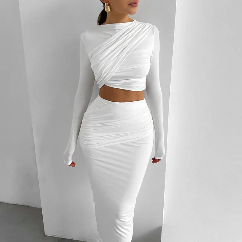 Elegant Party Ruched Maxi Dress Sets Women 2 Piece Club Outfits Long Sleeve O-neck Crop Top and Bodycon Long Skirt Matching Sets