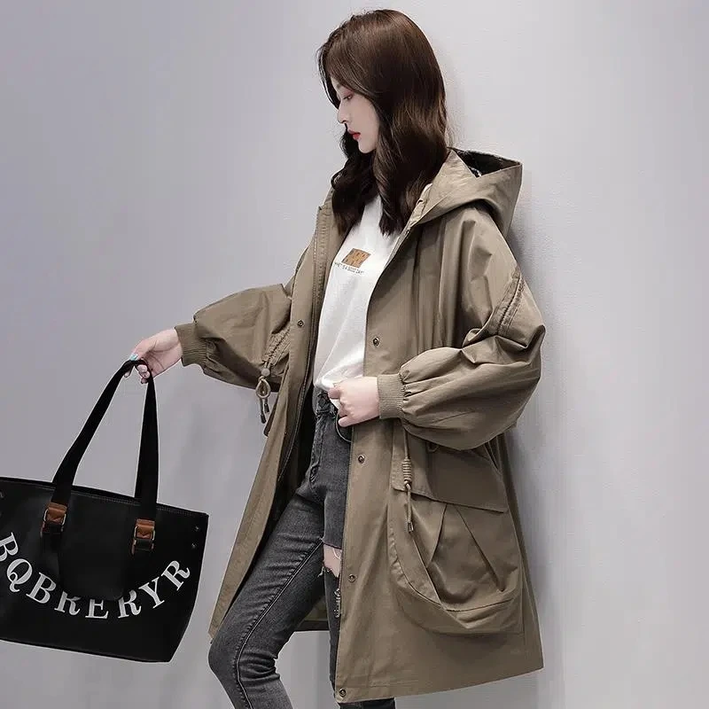 

Trench Coat Women Spring Autumn 2022 New Fashion Casual Versatile Windbreaker Jacket Female Loose Hooded Long Waist Outerwear