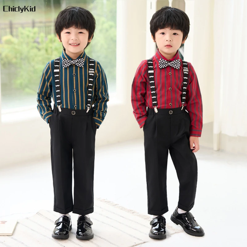 

Boys Striped Shirt Suspender Pants Jumpsuits Suits Kids Overalls Clothes Sets Child Formal Dress Baby Toddler Gentleman Outfits