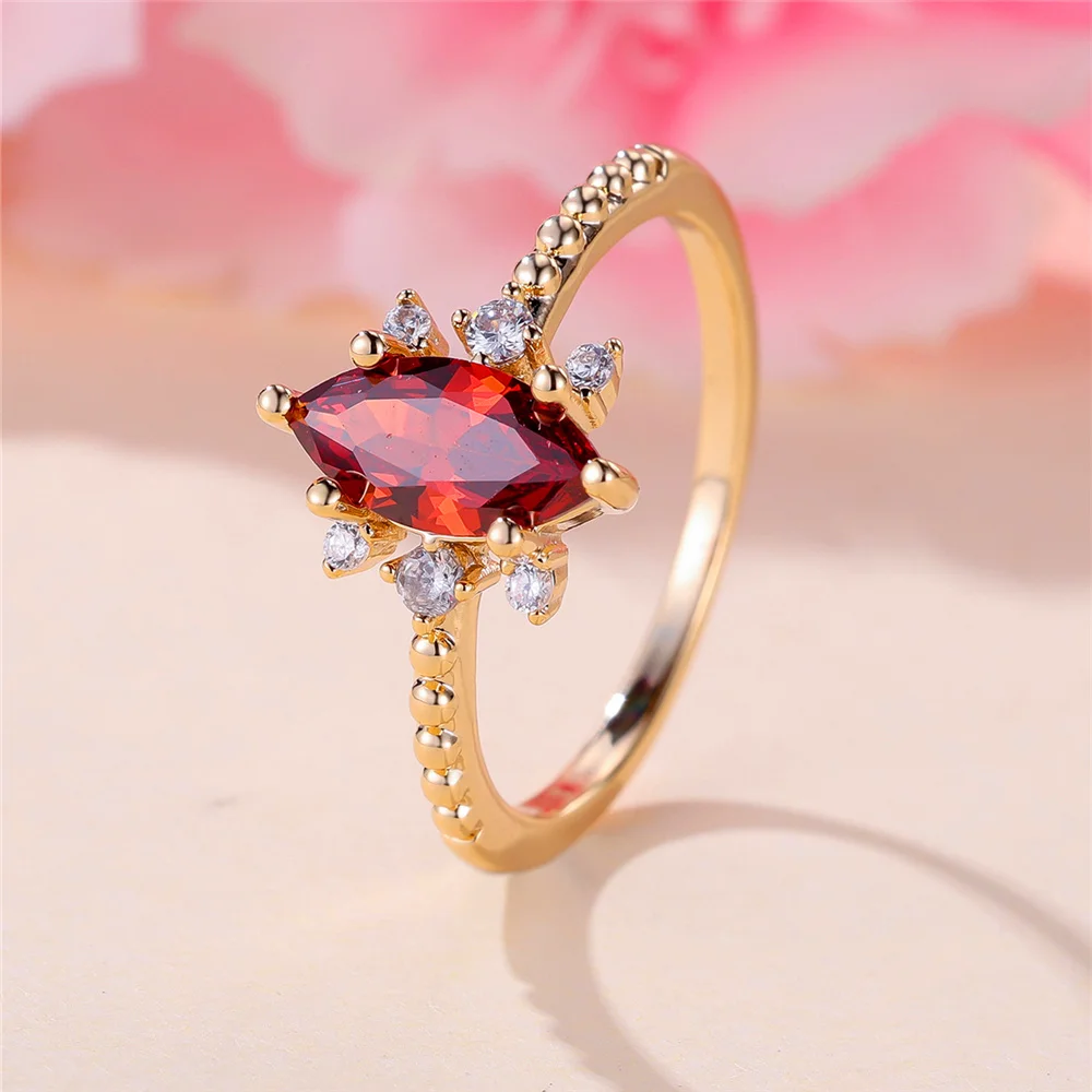 Simple Fashion Red Crystal Zircon Ring Vintage Gold Color Wedding Engagement Jewelry For Women Men