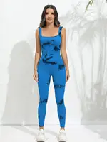 Tie-Dye Camiseta sin mangas de una pieza acanalada para yoga para mujer, pantalones de una pieza, mono de ejercicio sin mangas