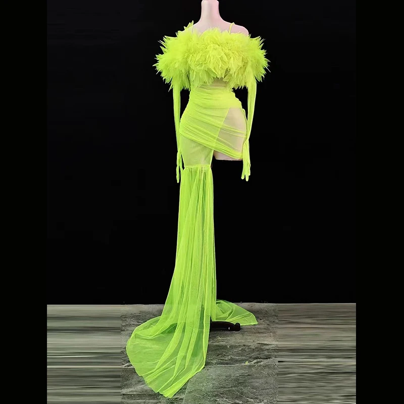 

Neon Green Mesh Flower Dress Sexy Transparent Long Train Costume Birthday Prom Celebrate Outfit Evening Nightclub DJ Costume