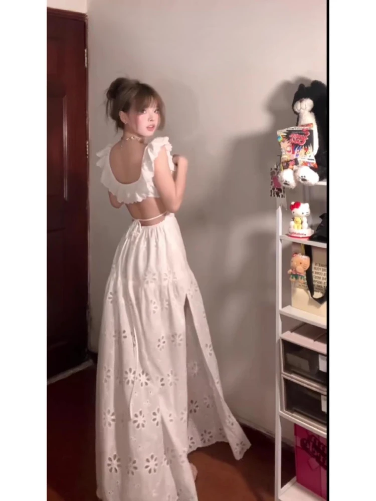 French Women White Square Neck Backless Ruffled Edge Pleated Long Dresses Vintage Hollowed Out Crochet Party Prom Dress Summer