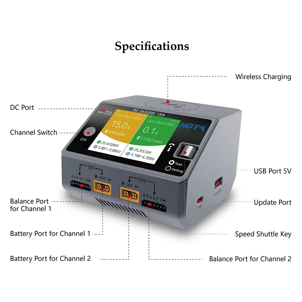 HOTA D6 Dual Smart Charger DC650W 15A Built-in Micro USB for 1-6S Lipo LiHV/NiZn/Nicd/NiMH Battery thumbnail 6