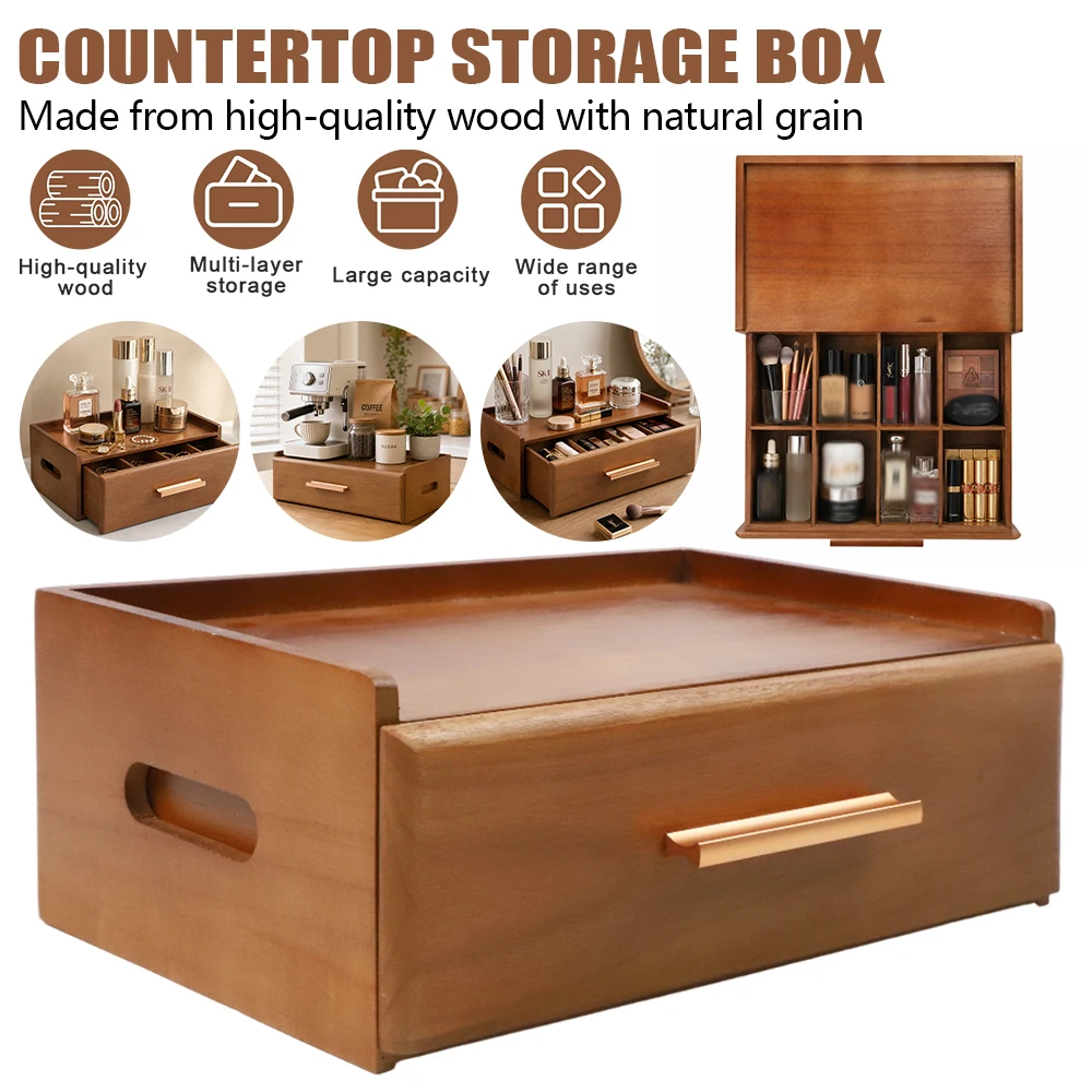 Scatola di legno per riporre oggetti, scatola portaoggetti con 8 scomparti, contenitore di grande capacità, ideale per tè, gioielli, articoli da ufficio, con manico dorato, dimensioni 33x20,5x12,5 cm,