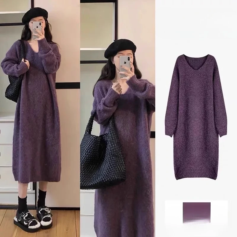 

Women's Sweater Dress Autumn Winter Korean Edition Knitted Commuter Mid Length Loose V-neck Underlay Mimetic Mink Dress CQ299