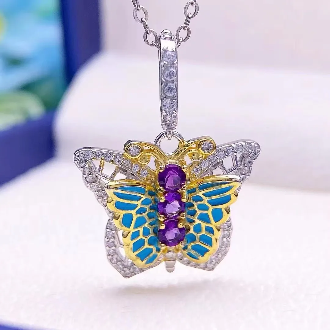 

S925 Silver Butterfly Pendant with 3mm Amethyst, Creative Design - Fine Jewelry