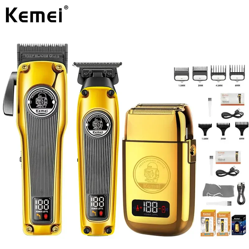 Kemei All Metal Electric Hair Clipper Set Professional Cordless Beard Trimmer Men's Shaver KM-1825 KM-1855 KM-TX3 Gold