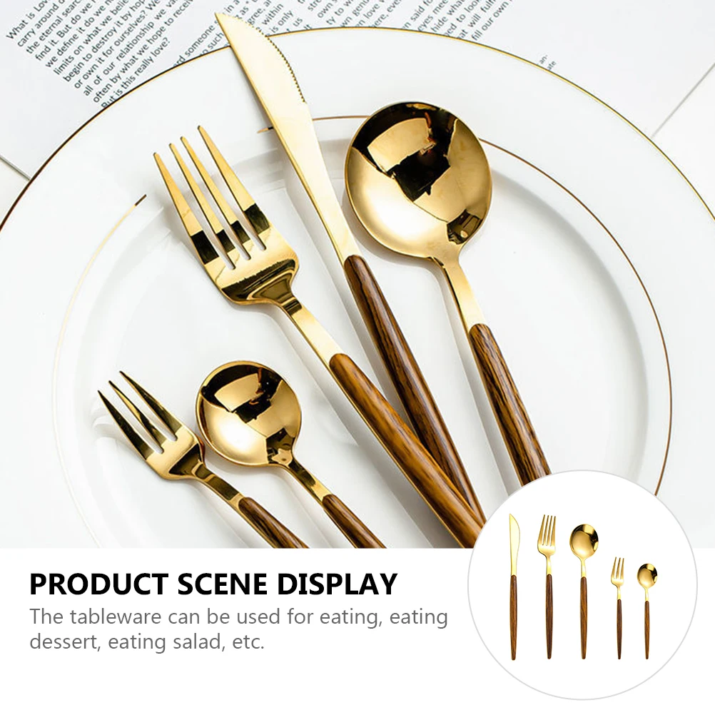 

5pcs Golden Cutlery Set Stainless Steel Wood Handle Flatware Tableware Kit For Dessert Salad Meal Dining Kitchen Bar Tools