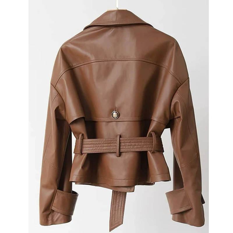 2025 Autunno Pantaloncini in vera pelle Giacca Casual da donna Elegante doppiopetto Cintura con lacci Donna A-livello Cappotti di pelle di pecora Top