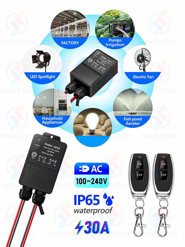 Bezprzewodowy wodoodporny przełącznik zdalnego sterowania 433 MHz AC 110V 220V 230V, przekaźnik dużej mocy 30A do zewnętrznej kontroli oświetlenia, pompy wodnej, wentylatora. — zdjęcie produktu 7