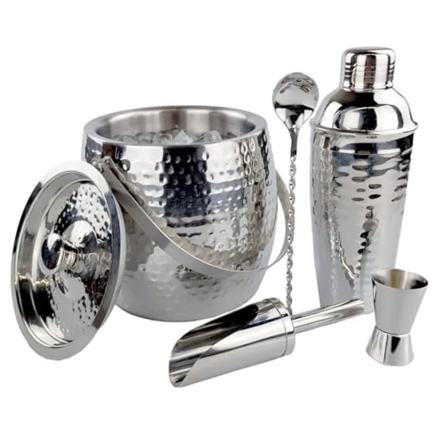 

Insulated Ice Bucket for Cocktail Bar with Drink Shaker 5Piece Cocktail Set for Parties with Lid and Scoop Bartender Accessorie