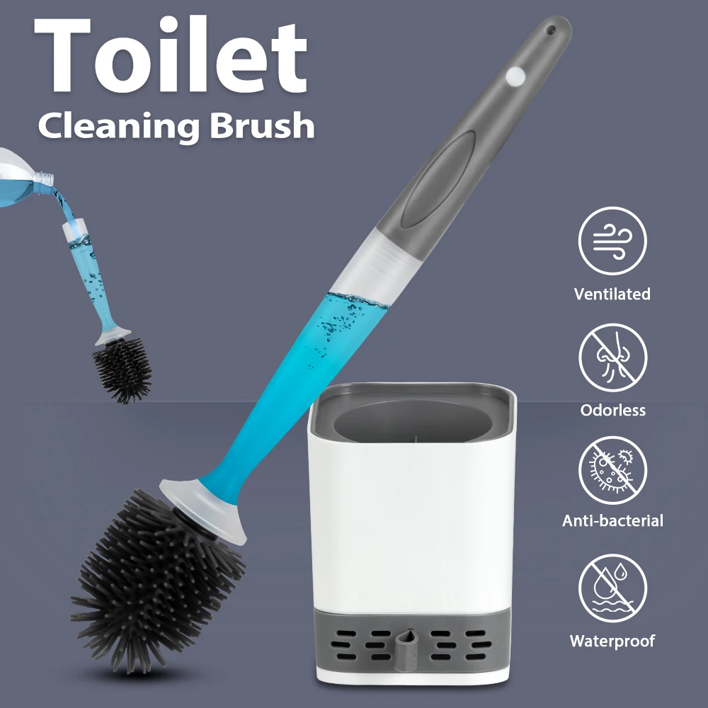 Water Spray Silicone Toilet Brush With Wall-Mounted Breathable Silicone TPR Brush 44.5cm Long Handle Bathroom Cleaning Accessory