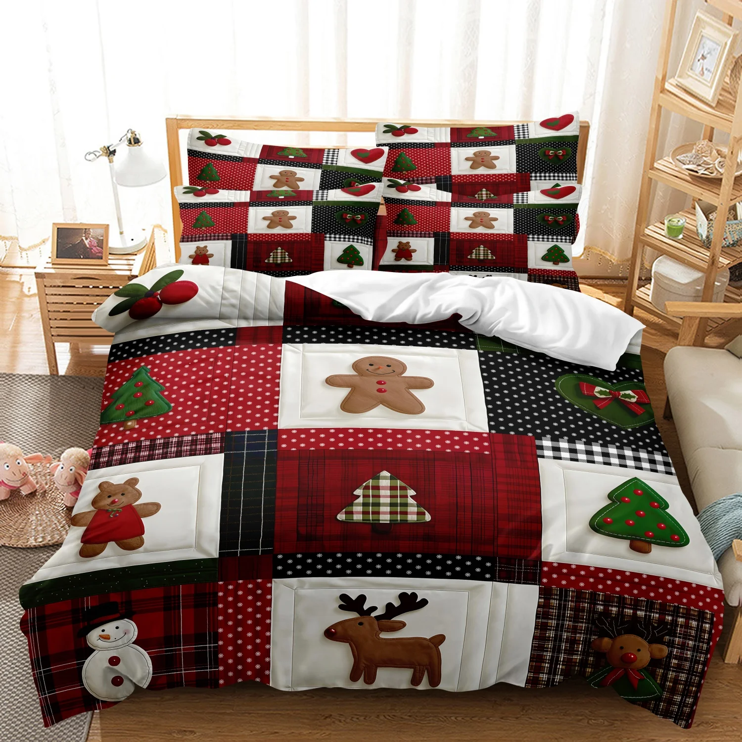 3pcs Vintage Geometry Christmas Duvet Cover Set, Plaid Spliced Gingerbread Snowman Reindeer and Christmas Tree Pattern Bedding