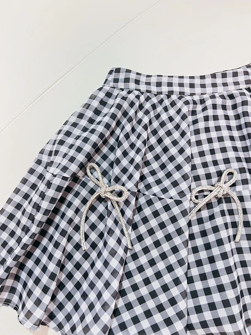 

Classic Bla White Plaid High Waist A-Line Skirt Ele Agel JK School Sle Knot Polyester Fiber Casual