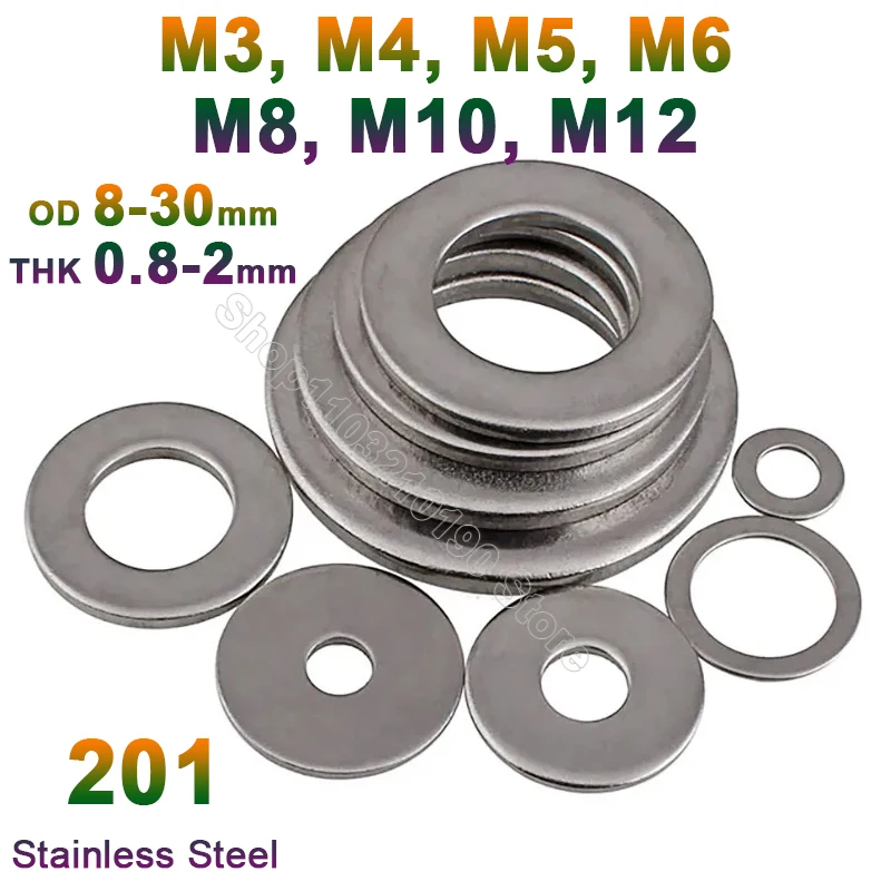 

5-50pcs Flat Washer M3 M4 M5 M6 M8 M10 M12 201 Stainless Steel Metal Gasket Meson Plain Washers Ring Spacer Thickness 0.8-2mm