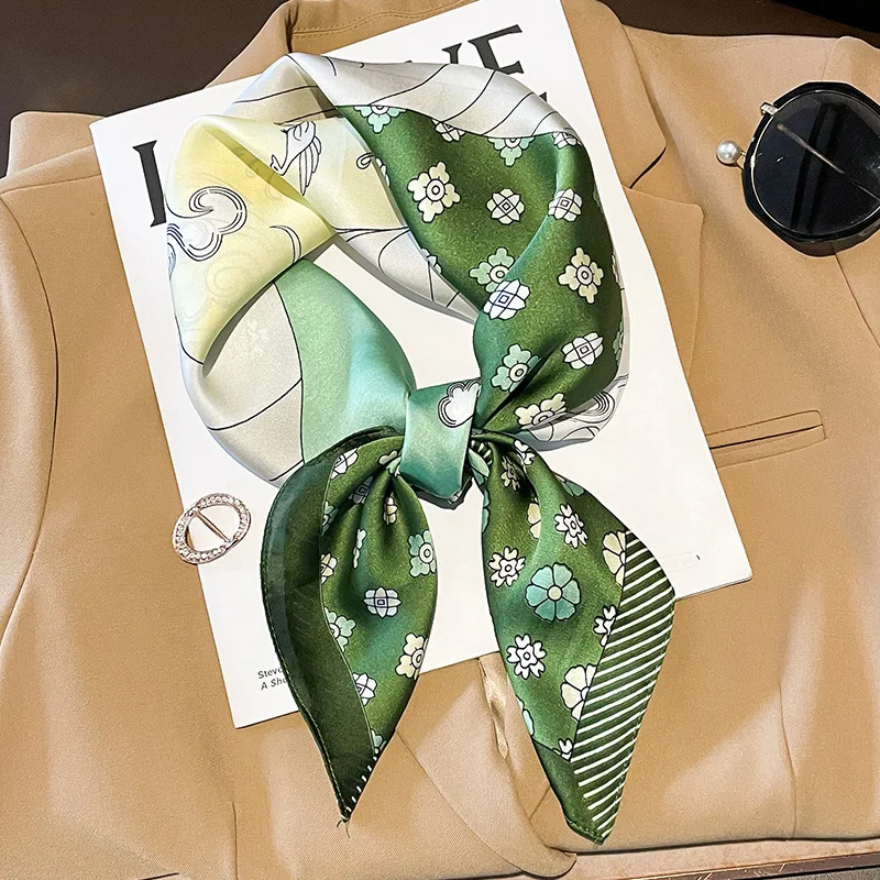 Green Design Print Silk Square Scarf Women Soft Satin Horse Hairband Neckerchief Office Hijab Headband Foulard Bag Ribbons Gift