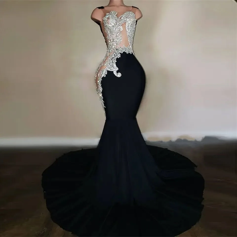 Black Mermaid Long Prom Dress 2023 Luxury Sexy Beads Sheer Top Girls Women Formal Evening Gowns for Graduation Party Customized