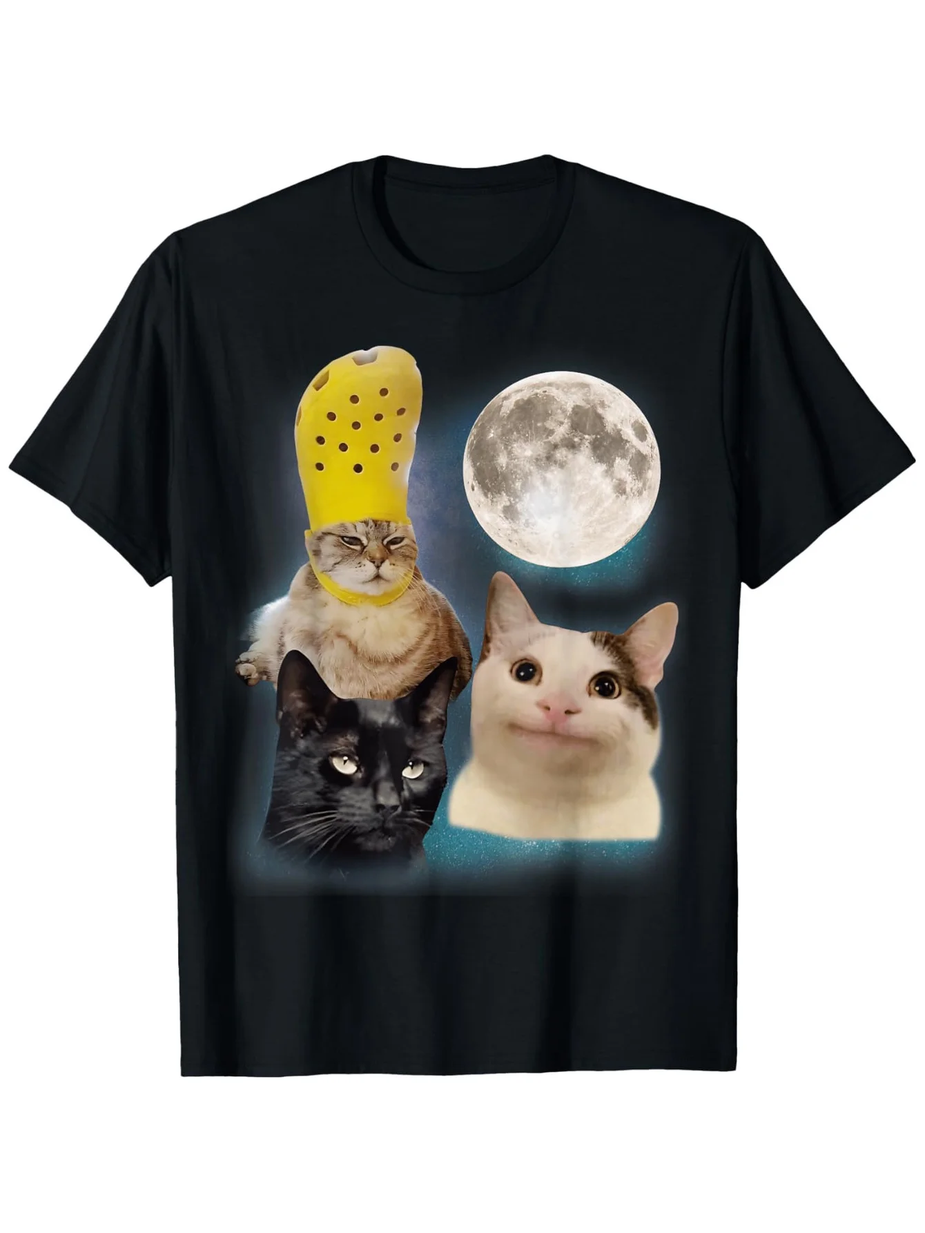 Funny Three Cats Meme Graphic T-Shirt - Black Tee with Cute Cats in Yellow Cup Full Moon - Soft Breathable Shirt for Women & Men