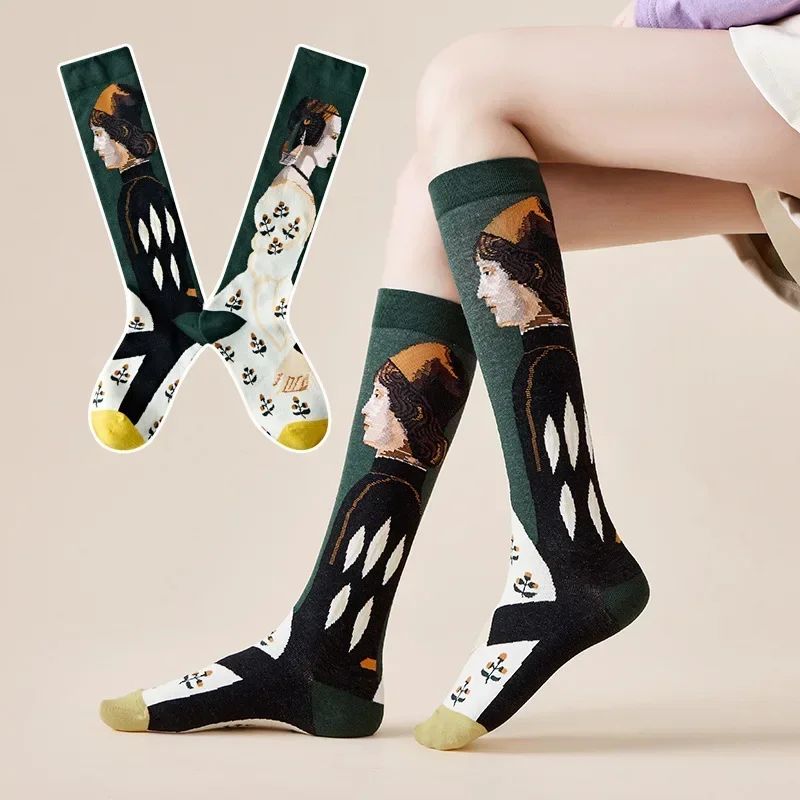 Calcetines hasta la rodilla de tubo medio y alto, estilo ins francés, ilustración retro, calle abstracta literaria, moda de algodón