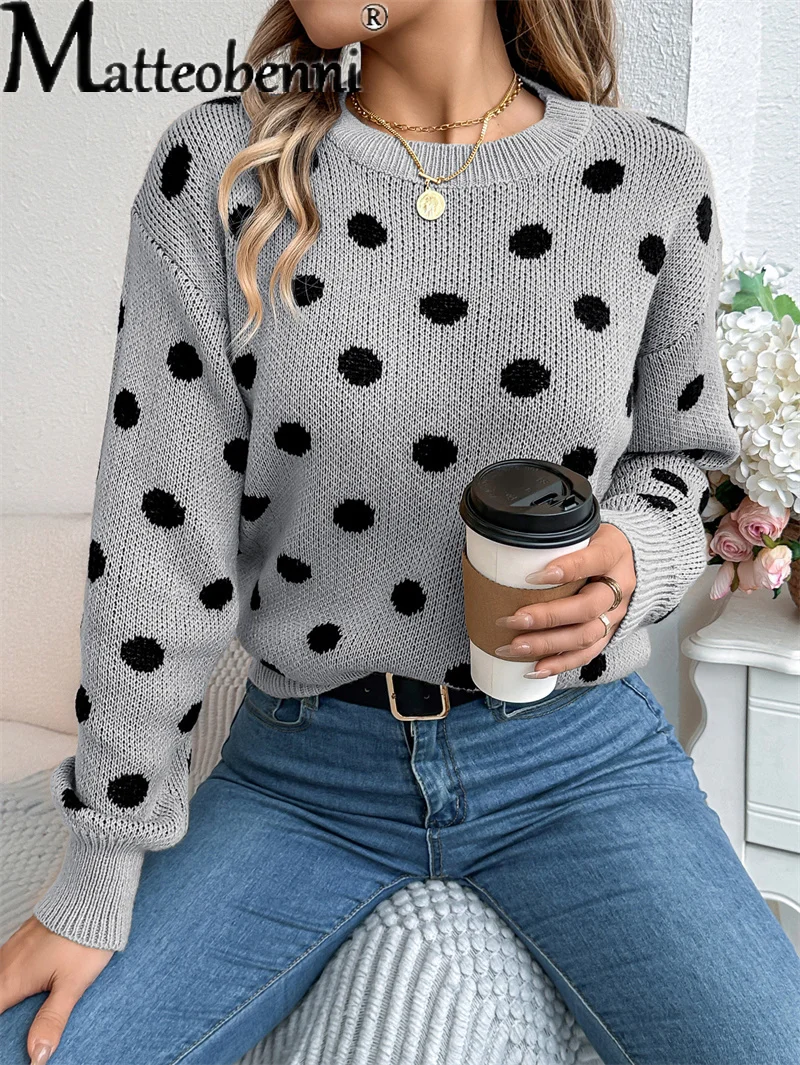 

Women Casual Polka Dot O Neck Sweater Autumn Winter Long Sleeve Jumpers Female Elegant Fashion Simple Style Basic Knitted Tops