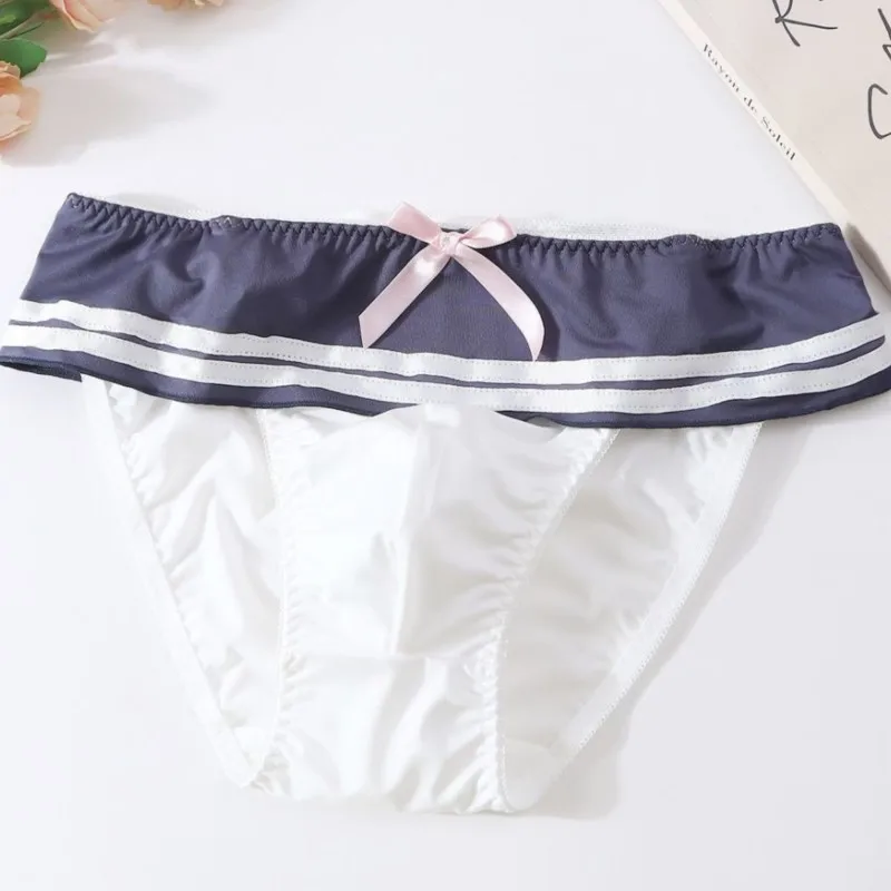 

Navy Style Man's Blue Hem Briefs Breathable Quick Drying Elastic Convex Pouch Bow JK Panties Cross-dressing Sissy Lingerie